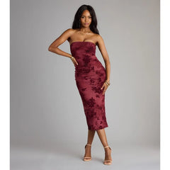 Burgundy Strapless Velvet Floral Midi Dress | Sexy Ruched Bodycon Dress
