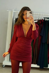 Sexy Long Sleeve Deep V Pleated Solid Color Mini Skirt