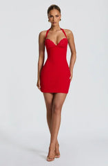 Red Halter Lace Bustier Lace-Up Backless Bodycon Mini Dress