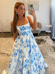 Hand Beading Square Backless Ball Gown Prom Dress - Baby Blue Floral