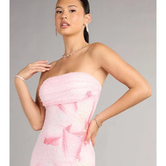 Pink Strapless Beaded Floral Bodycon Mini Dress