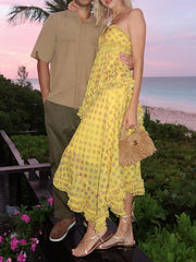 Yellow Polka Dot Halter Strapless Ruffle Tiered Vacation Maxi Dress