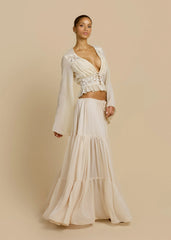 Lace Patchwork Flare Sleeve Waist Top + Tiered Ruffle Maxi Skirt Set