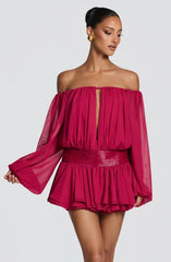 Women Off Shoulder Sheer Puff Sleeve Keyhole Front Back Tie Metallic Waist Chiffon Mini Romper