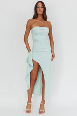 Cha Cha Strapless Thigh Split Dress Sage