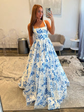 Hand Beading Square Backless Ball Gown Prom Dress - Baby Blue Floral