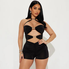Boho Metal Buckle Halter Cutout Romper