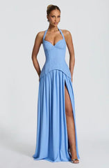 Light Blue / Wine Red Halter Lace Bustier Lace-Up Backless Waist Cinched Flared Evening Maxi Dress