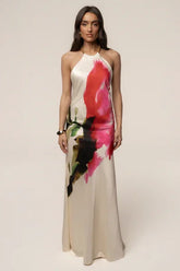 Halter Open-Back Watercolor Print Satin Maxi Dress