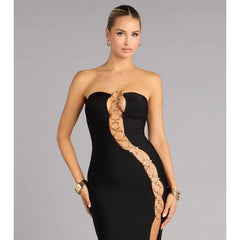 Black Strapless Metal Ring Cutout Slit Maxi Dress
