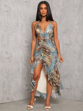 Animal Print Cutout Waist Ruffle Maxi Dress