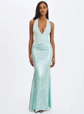Sexy Halter Deep V Sequin Waist-Cinched Floor-Length Maxi Dress