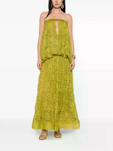 Boho Olive Green Jacquard Strapless Cutout Flare Maxi Dress | Vacation Elegant Slimming Dress