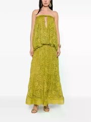 Boho Olive Green Jacquard Strapless Cutout Flare Maxi Dress | Vacation Elegant Slimming Dress
