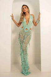 「Mint Green Crochet Lace Maxi Dress - Beach Vacation Party Dress」