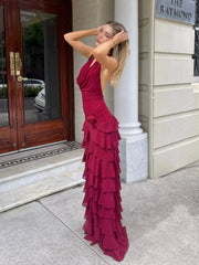 Burgundy Halter Ruched Rose Accent Ruffled Backless Maxi Dress