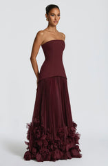 Burgundy Strapless Lace-Up Pleated 3D Floral Hem Evening Gown