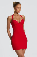 Red Halter Lace Bustier Lace-Up Backless Bodycon Mini Dress