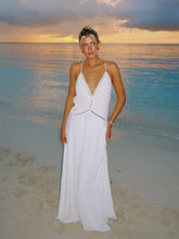 White Cutout Trim Deep V Open-Back Vacation Maxi Dress