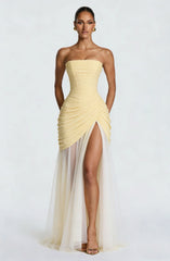 Butter Yellow Strapless Ruched High-Slit Tulle Maxi Gown