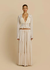 Lace Patchwork Flare Sleeve Waist Top + Tiered Ruffle Maxi Skirt Set