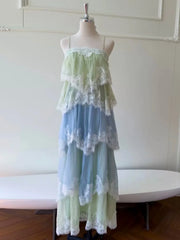 Gradient Green Blue Lace Crisscross Back Tiered Maxi Dress