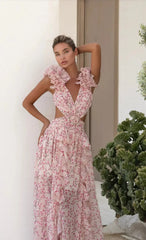 Pink Plum Blossom Print Ruffle Backless High Slit Maxi Dress | Vacation Style Sexy Party Gown