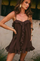 KRISTIA FLOUNCE RUFFLE MINI DRESS - BITTER CHOCOLATE