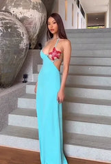 Mint Green Halter Starfish Sequin Backless High-Slit Maxi Dress