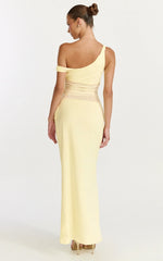 Pale Yellow Asymmetric Off-Shoulder Mesh Ruched Maxi Dress