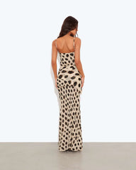 Beige Leopard Print Spaghetti Strap Waist Tie Bodycon Mermaid Maxi Dress