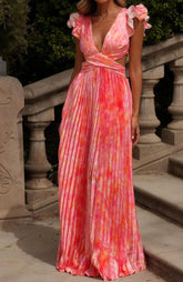 Ruffle Sleeve Deep V Cutout Criss Cross Back Gradient Pleated Satin Maxi Dress