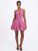 Halter Deep V Lace Fit-and-Flare Mini Dress