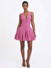 Halter Deep V Lace Fit-and-Flare Mini Dress