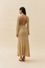 Khaki Metallic Cutout Flare Sleeve Open-Back Tie Knit Maxi Dress