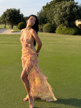 Women Thin Spaghetti Strap V Neck 3D Flower Ruffled High Slit Floral Print Chiffon Maxi Dress With Train