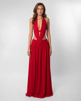 Red Halter Cutout Chiffon Maxi Evening Gown