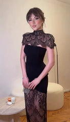 Lace High-Neck Spliced Velvet Sheer Evening Gown