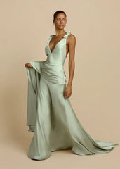 Deep V Open-Back Satin Draped Train Gown