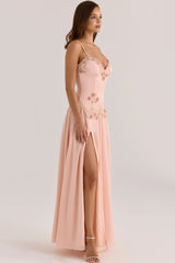 Light Pink Lace Trim Beaded Slit Cami Maxi Prom Dress