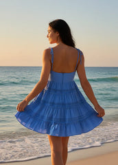 Blue Lace Trim Tiered Shoulder Tie Mini Dress