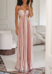Criss Cross Spaghetti Strap Cutout Open Back Solid Pleated Satin Maxi Dress