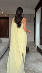 Pale Yellow One-Shoulder Capelet Waist-Cinching Slit Maxi Dress