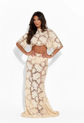 Beige Floral Lace Crop Top & Mermaid Maxi Skirt Two-Piece Set