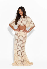 Beige Floral Lace Crop Top & Mermaid Maxi Skirt Two-Piece Set
