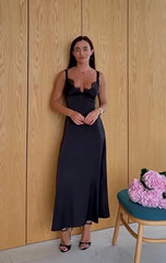 Satin Lace V-Neck Spaghetti Strap Long Nightgown