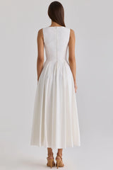 White Sleeveless Button-Front Cinched-Waist Flared Midi Dress
