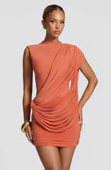 Two-Tone Asymmetric Draped Knot Backless Bodycon Mini Dress