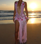 Pink Floral | Sunset Seaside Halter Neck Tassel Dress