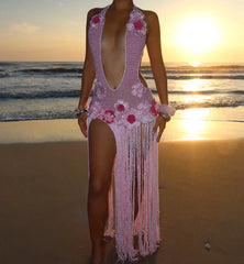 Pink Floral | Sunset Seaside Halter Neck Tassel Dress